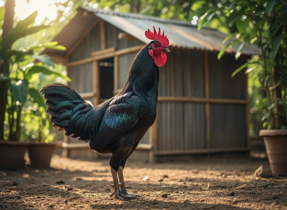 A pure Jet Black Kadaknath rooster standing in a clean, free-range farm environment, symbolizing successful poultry farming.