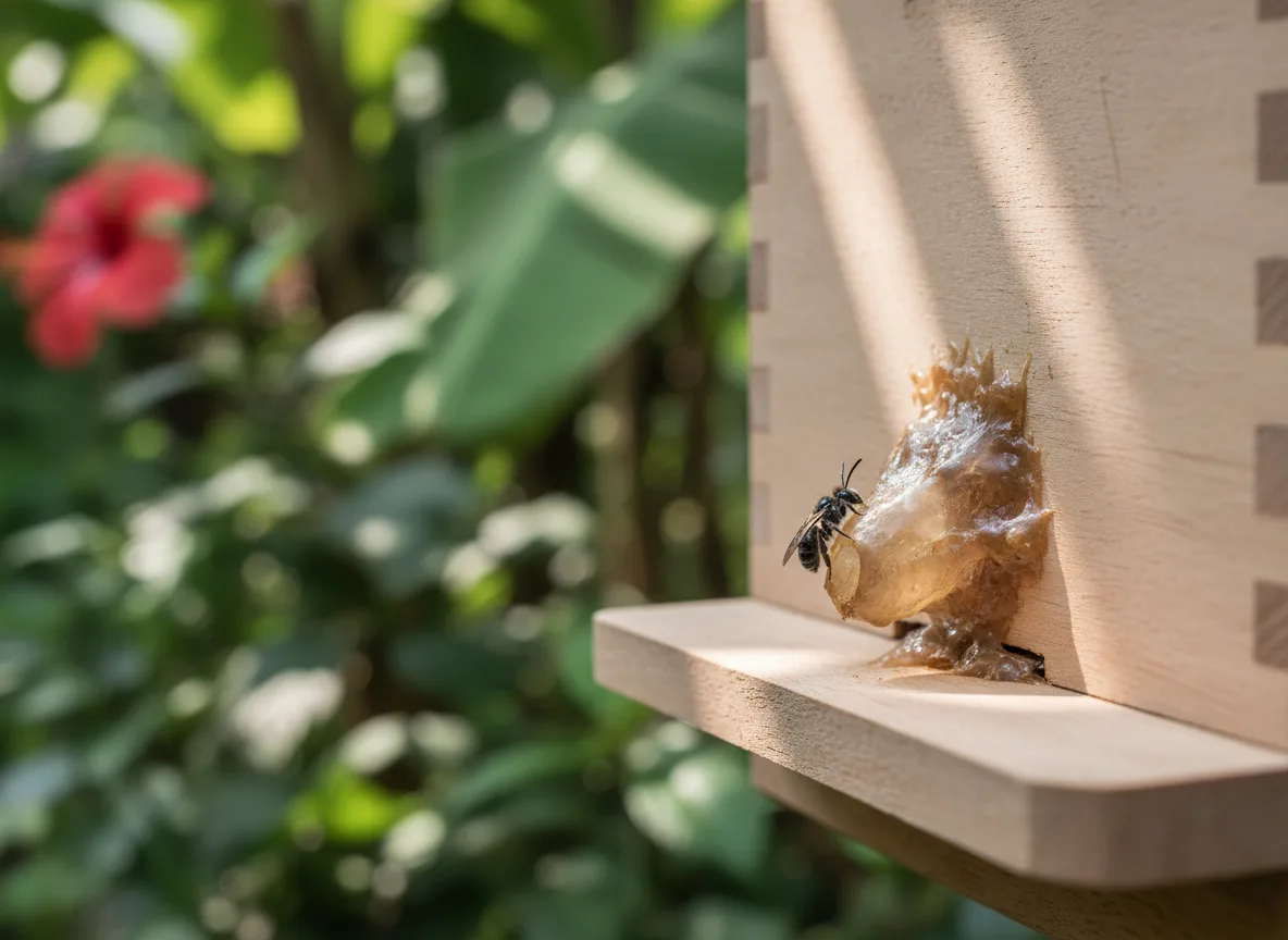 A tiny stingless bee (Dammer bee) at the entrance of its wooden hive in a West Bengal garden, surrounded by lush foliage.