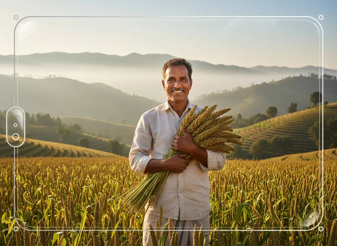 A farmer in the Western Ghats holding freshly harvested pearl millet (bajra) cobs in a terraced field at sunset.