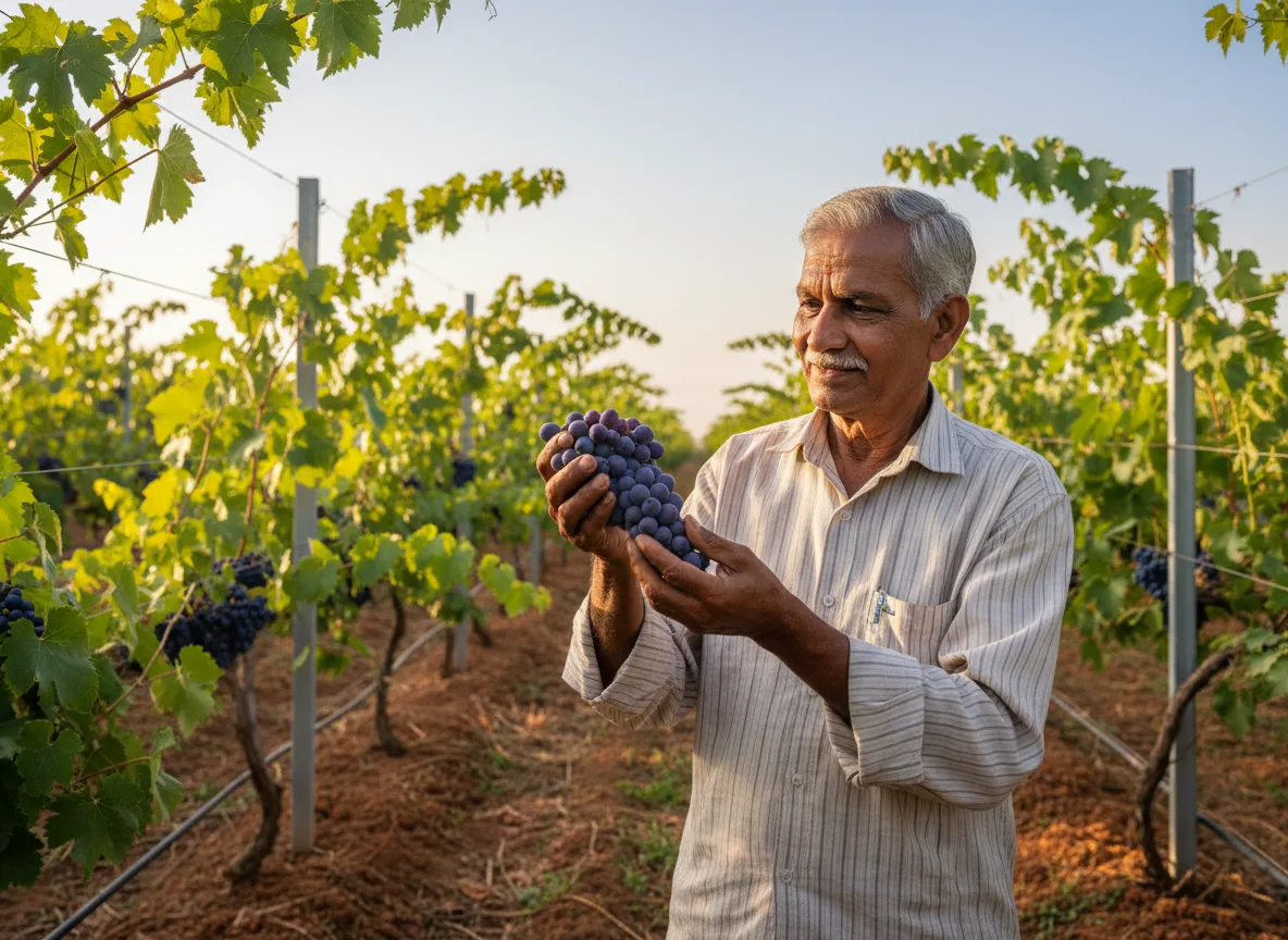 A farmer in a Vidarbha vineyard inspects a ripe bunch of Syrah wine grapes hanging from a Y-trellis system before harvest.